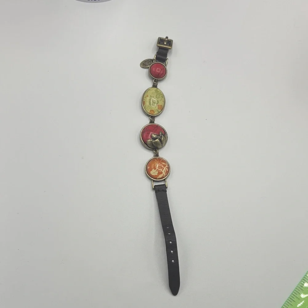 Vintage America Multicolor Floral Link Bracelet with Black Strap